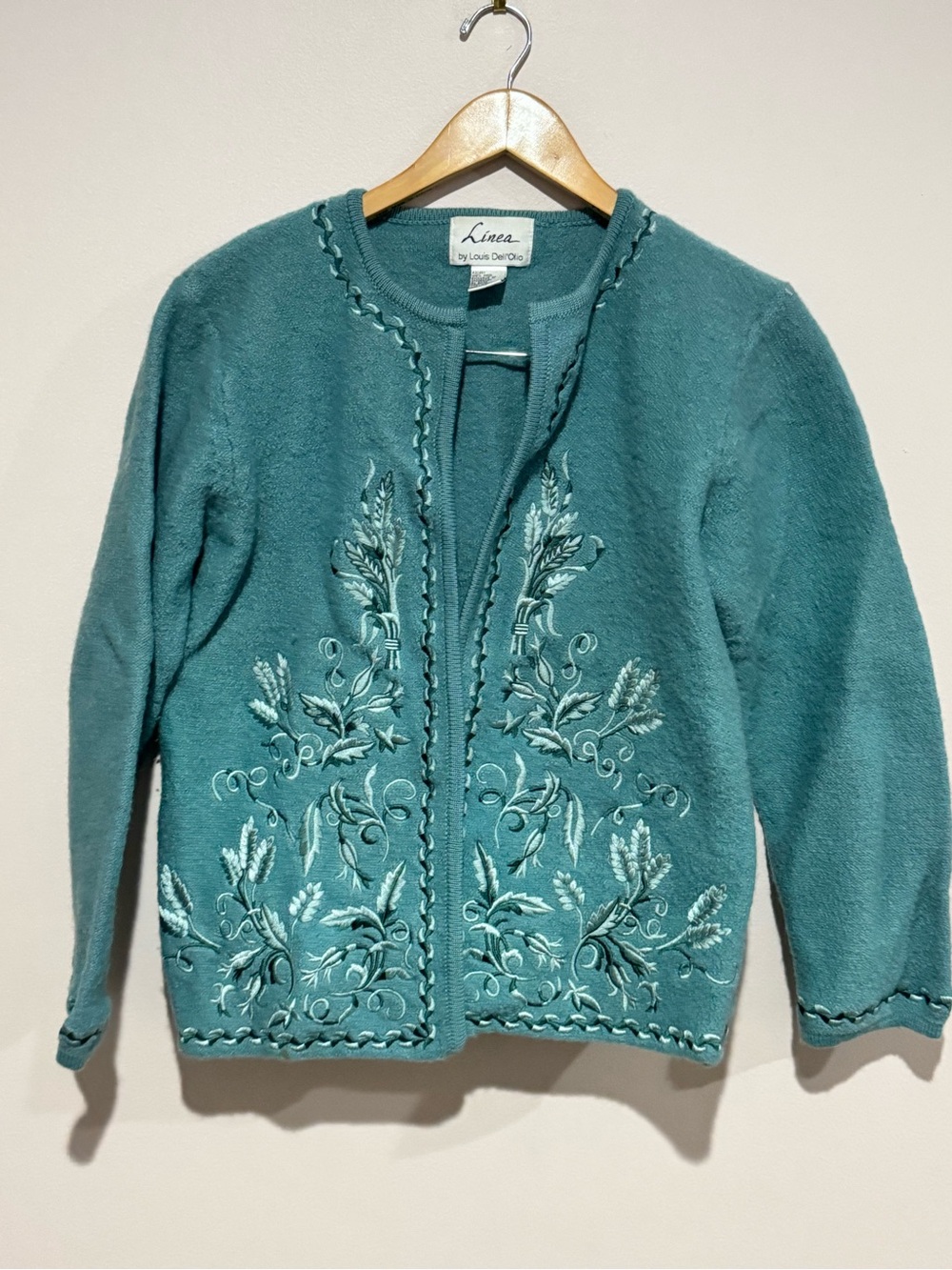 Vtg Linea Open Front Cardigan Sweater Women's Sm 100% Wool Embroidered Sea-Green